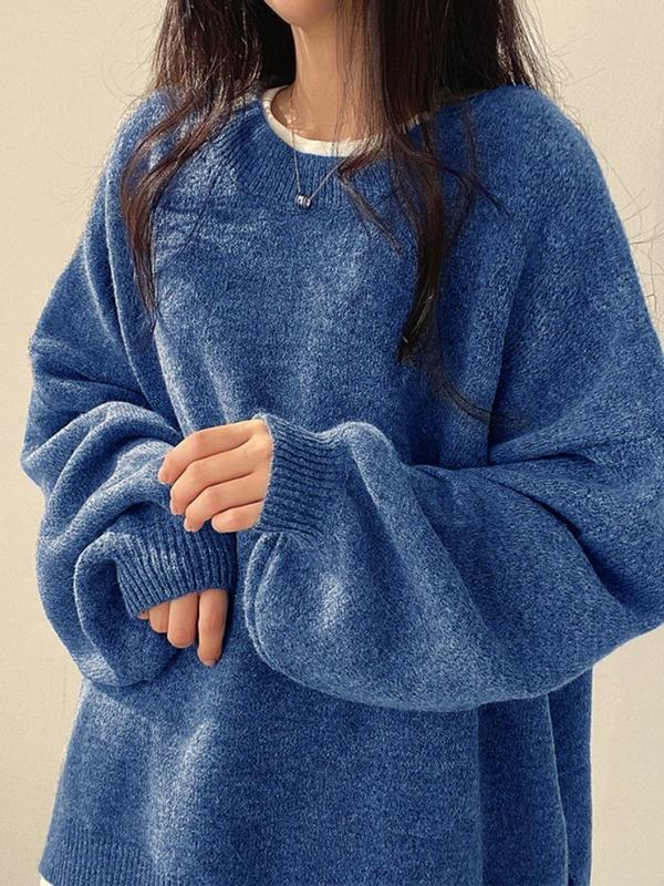  Solid Drop Shoulder Split Hem Sweater, Casual Long Sleeve Round Neck Jumper for Fall & Winter, Sweaters for Women, Women's Plus Clothing for Daily Wear