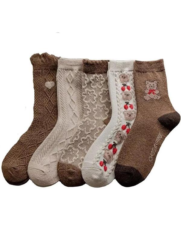 Women's Floral & Bear Embroidery Colorblock Crew Socks, Casual Soft Comfy Textured Mid-calf Socks for Fall & Winter, Women's Socks for Daily Wear