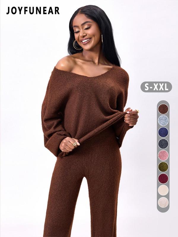 Two-piece Set Women's Solid Color Drop Shoulder Sweater & Pants Sweater Set, Casual Fashion Cozy Drop Shoulder Knitwear Set for Daily Outdoor Wear, Knitwear Set for Women Women Knitwear for Fall & Winter