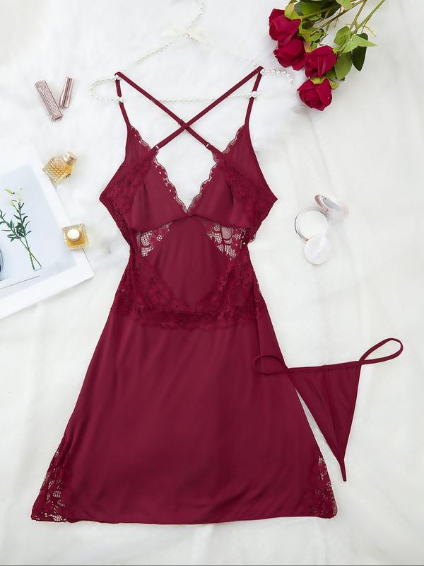 Women's Contrast Lace Criss Cross Backless Cami Nightdress & Thong Set, Comfy Modal Sleepwear Set for Women