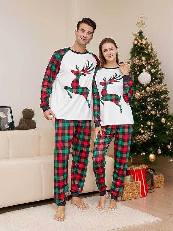 Couple's Christmas Themed Plaid Elk Print Raglan Sleeve Pajama Two-piece Set, Casual Comfy Long Sleeve Top & Pants Pj Set, Men's Sleepwear for Spring & Fall