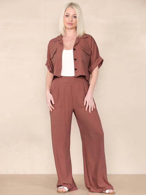 Two-Piece Set Women's Solid Pants, Set, Short Sleeve Button Front Crop Blouse & High Waist Pocket Trousers Set, Casual Summer Outfits Clothes Set for Ladies, Apple Shape Outfits