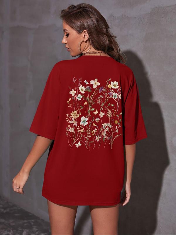 Women's Floral Print Drop Shoulder Crew Neck Tee, Street Casual Half Sleeve Round Neck T-Shirt, Graphic Tees, Summer Outfits, Streetwear Top, Ladies Clothes for Daily Wear