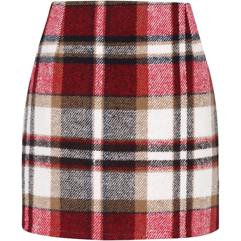 Womens High Waist Plaid Skirt Bodycon Pencil Wool Mini Skirts for Christmas Dress, Festive Dressing up