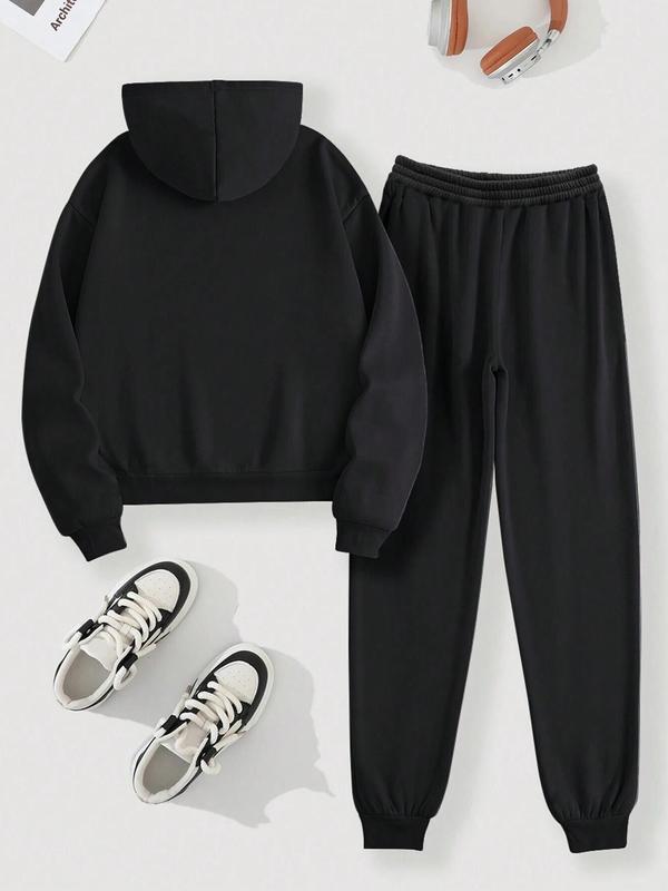  Two-Piece Set Letter Print Sweatshirt & Drawstring Waist Sweatpants Set, Casual Long Sleeve Hooded Pullover & Jogger Pants, Women's Fall & Winter Clothes