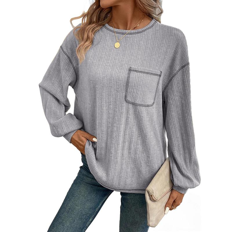 Dokotoo Long Sleeve Shirts for Women 2024 Casual Solid Crewneck Knitted Loose Fit Pullover Shirts Tops