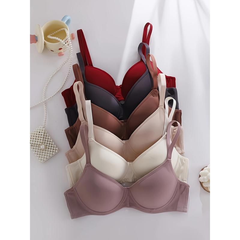 6-Pack Assorted Colors Ultra-Soft Seamless Push-Up Bras, Comfortable Everyday Supportive T-Shirt Bras for Women, Elegant Style Versatile Value Set with Breathable Cups