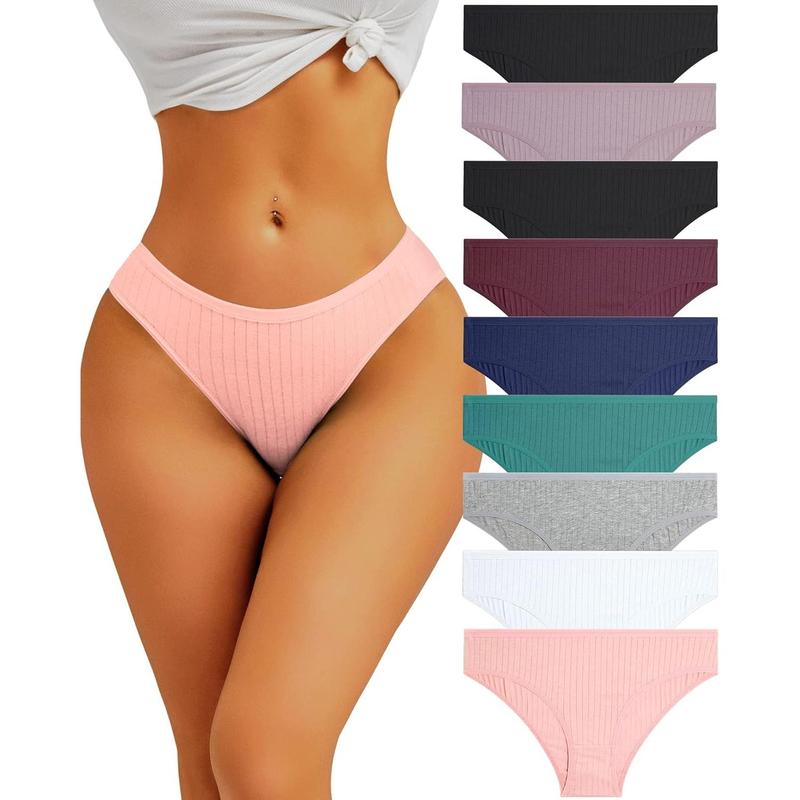 FINETOO 9 Pack Cotton Underwear for Women Sexy Low Rise Ribbed Hipster Breathable Soft Womens Bikini Panties Cheeky S-XL