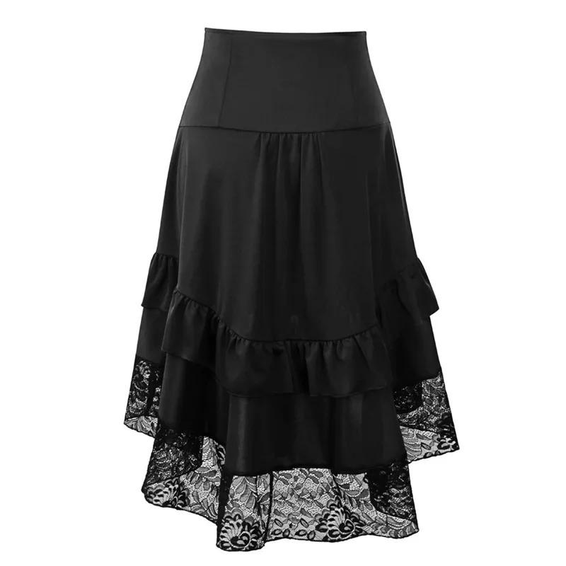 Women Gothic Lace Patchwork Skirt Button Drawstring Carnival Party Skirt High Waist Victorian Medieval Skirt