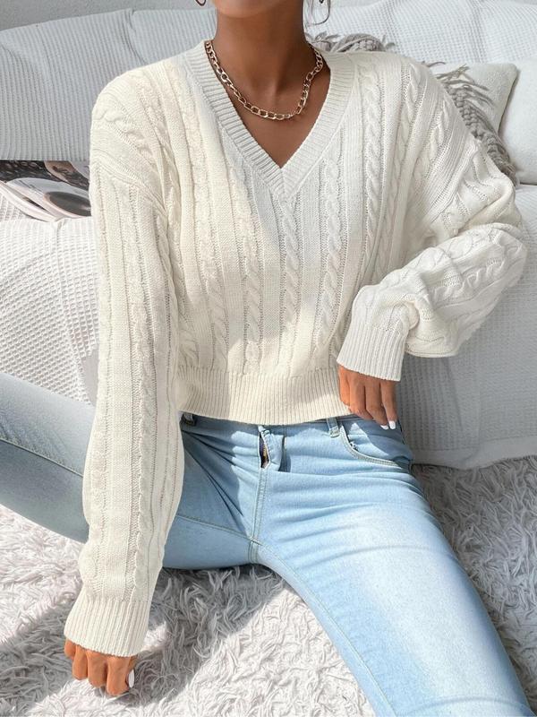 Women's Textured V Neck Cable Knit Sweater, Cozy Fall Sweaters, Casual Drop Shoulder Long Sleeve Jumper, Cozy-chic Women's Pullover Top for Fall & Winter