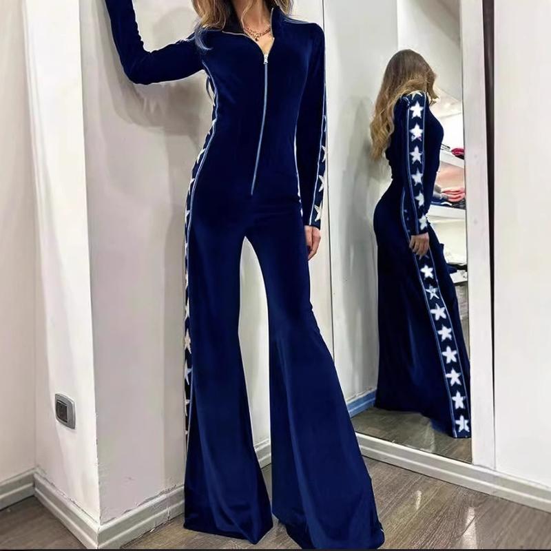 Fashion Velvet Stitching Printing Long Sleeve Wide Leg Jumpsuit European and American