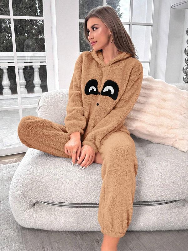 Two-piece Set Women's Cartoon Pattern  Drop Shoulder Flannel Pajama, Cute Casual Long Sleeve Hooded Top & Pants Pj Set, Women's Sleepwear for Fall & Winter