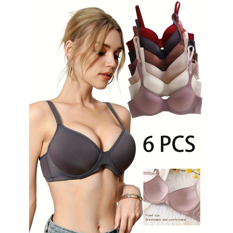 6-Pack Assorted Colors Ultra-Soft Seamless Push-Up Bras, Comfortable Everyday Supportive T-Shirt Bras for Women, Elegant Style Versatile Value Set with Breathable Cups