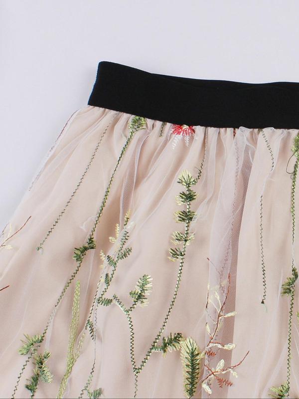 Women's Floral Embroidery Contrast Mesh A Line Skirt, Boho Romantic High Waist Midi Skirt For Party Holiday Wedding Guest, Ladies Summer Clothes