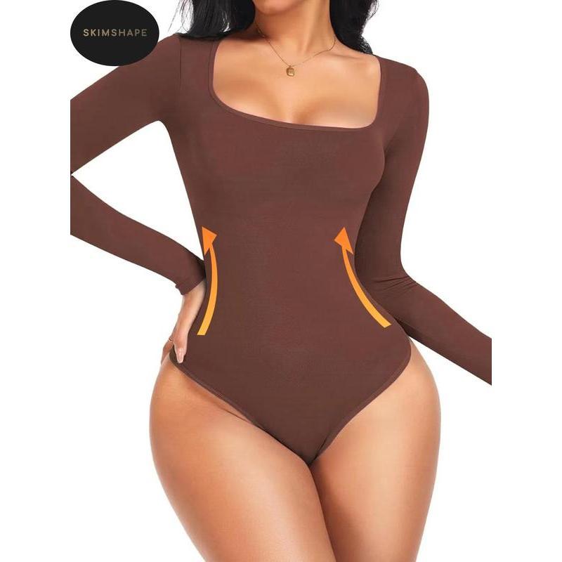 Women's Solid Square Neck Long Sleeve Shapewear Bodysuit, Fall Wear, Casual Comfy Tummy Control Butt Lift Shaper, Ladies Shapewear for Fall