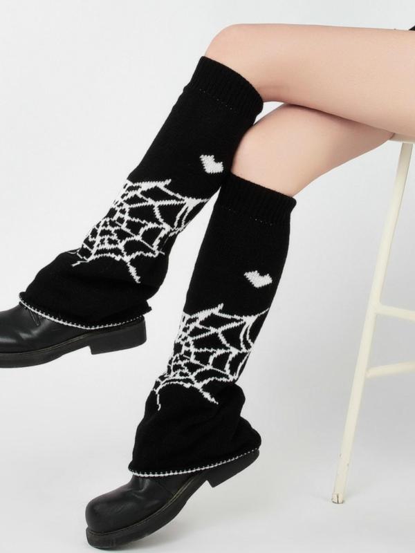 Women's Spider Web & Heart Pattern Leg Warmers, Street Y2K Style Soft Comfy Socks for Fall & Winter, Women's Socks for Daily Wear