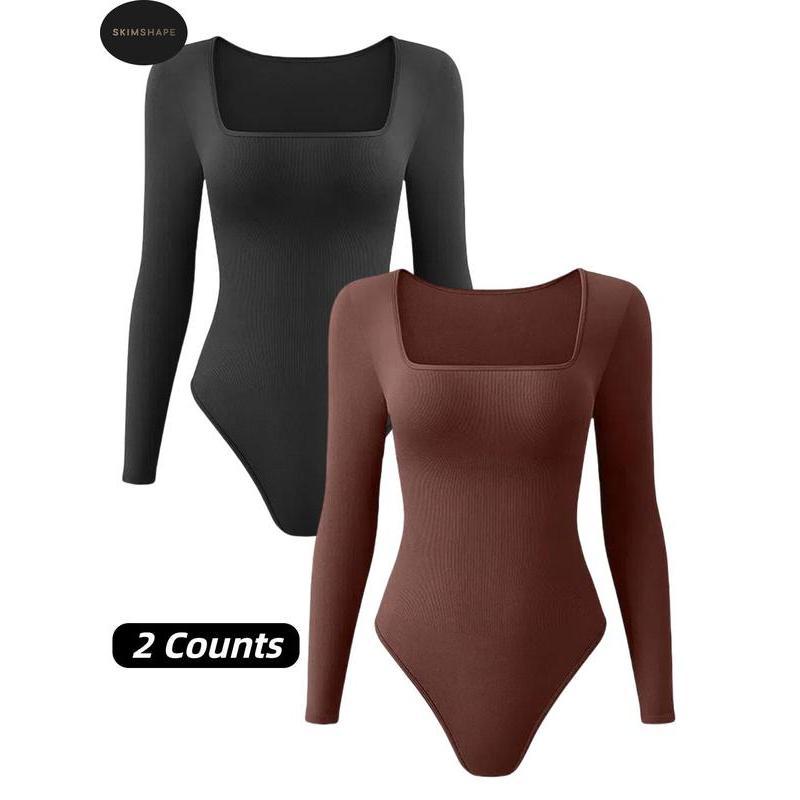 Women's Solid Square Neck Long Sleeve Shapewear Bodysuit, Fall Wear, Casual Comfy Tummy Control Butt Lift Shaper, Ladies Shapewear for Fall