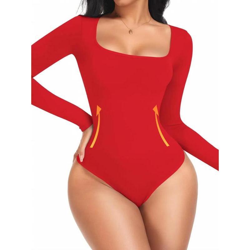 Women's Solid Square Neck Long Sleeve Shapewear Bodysuit, Fall Wear, Casual Comfy Tummy Control Butt Lift Shaper, Ladies Shapewear for Fall