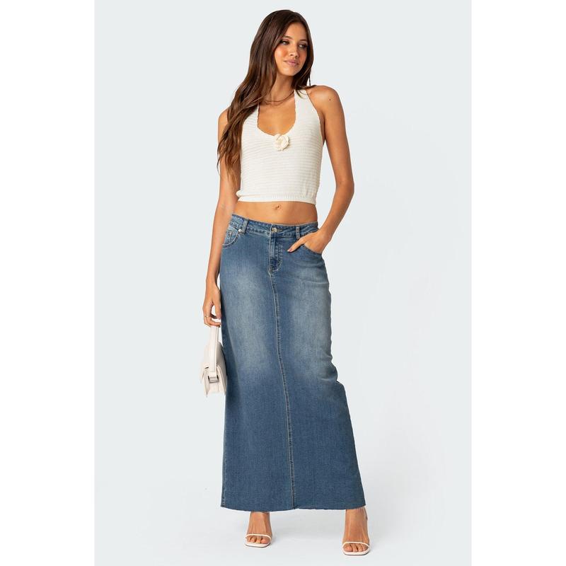 Elowyn Slitted Denim Maxi Skirt