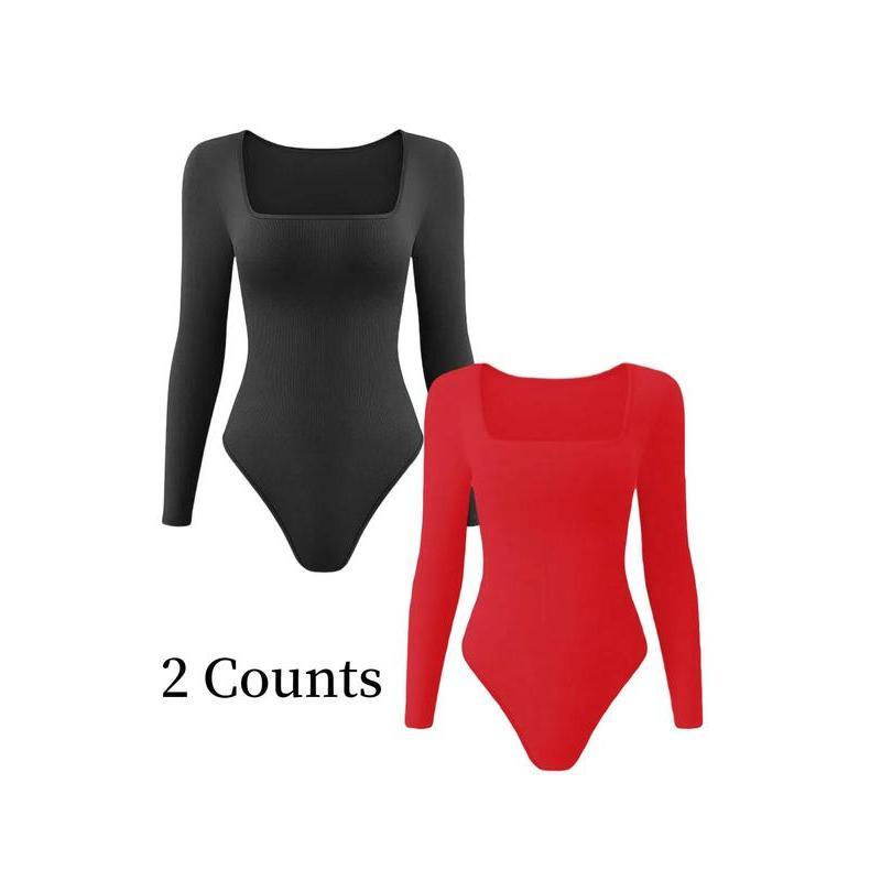 Women's Solid Square Neck Long Sleeve Shapewear Bodysuit, Fall Wear, Casual Comfy Tummy Control Butt Lift Shaper, Ladies Shapewear for Fall