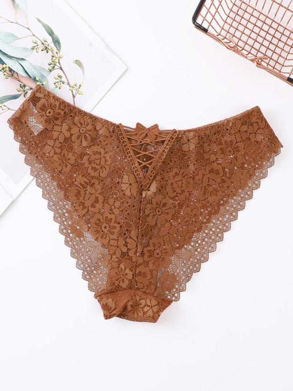 Women's Plain Criss Cross Bow Embroidery Sheer Lace Knicker, Soft Comfy Breathable Natural Waist Panty for Daily Wear, Underwear for All Seasons