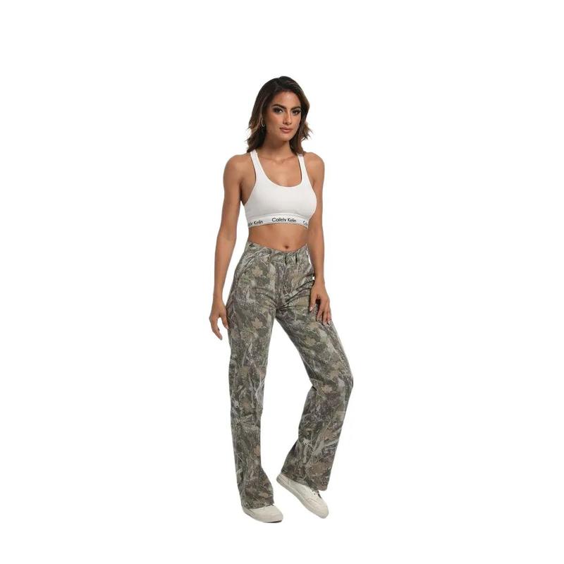 PINKYMOOR Women's Camouflage Overalls Straight Wide Leg Pants Casual Low Rise Camouflage Jogging Pants with Pockets