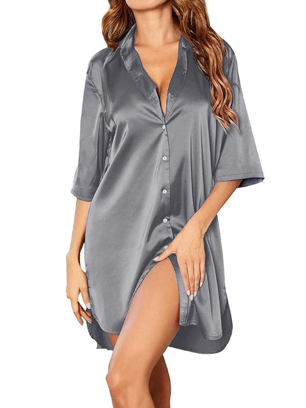 Women's Solid Button Front Split Hem Satin Nightdress, Casual Comfortable Drop Shoulder Nightgown, Ladies Sleepwear for All Seasons