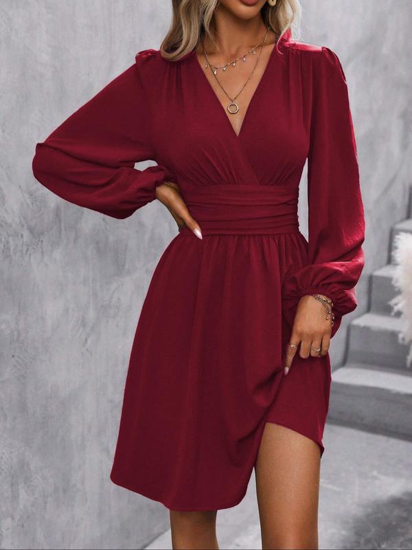 Women's Plain Ruched Wrap V Neck A Line Dress, Elegant Bishop Sleeve Short Dress for Spring & Fall, Women's Clothing for Daily Wear