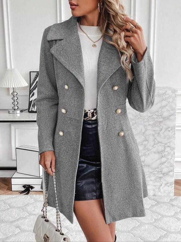 Coolcool Exclusive Coat Women's Solid Double Button Pocket Overcoat,  Winter Wear, Casual Long Sleeve Lapel Neck Outerwear for Fall & Winter, Trendy Fall Wear 2024, Women's Party Clothes for Daily Wear