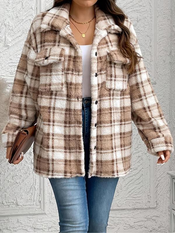 Women's Plaid Print Button Front Drop Shoulder Fuzzy Quilted Jacket, Casual Long Sleeve Collared Pocket Outerwear for Fall & Winter, Ladies Clothes for Daily Wear