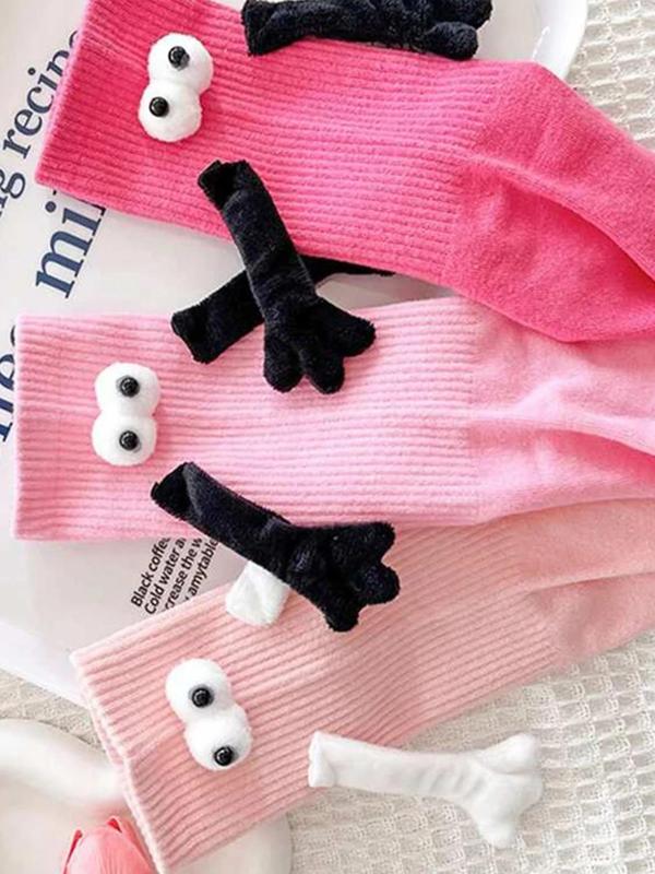 LGBTQ+ Women's 3 Pairs Cartoon Eyes & Hands Design Crew Socks, Cute Fashion Casual Cozy Socks for Daily Outdoor Wear, Women Socks for All Seasons