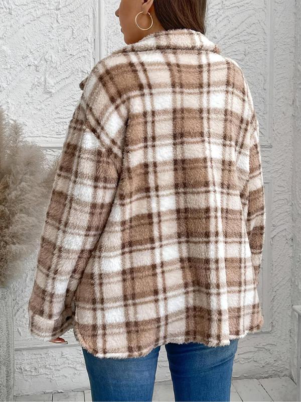 Women's Plaid Print Button Front Drop Shoulder Fuzzy Quilted Jacket, Casual Long Sleeve Collared Pocket Outerwear for Fall & Winter, Ladies Clothes for Daily Wear