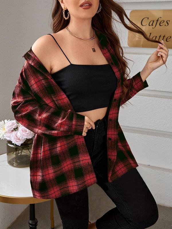 Plus Size Plaid Print Long Sleeve Button Up Shirt, Casual Preppy Button Down Shirts for Spring & Fall Daily Wear, Fall Clothing Women, Women's Button Front Blouse, 2024 New Trendy Classic Tartan College Shirt, Fall Outfits 2024