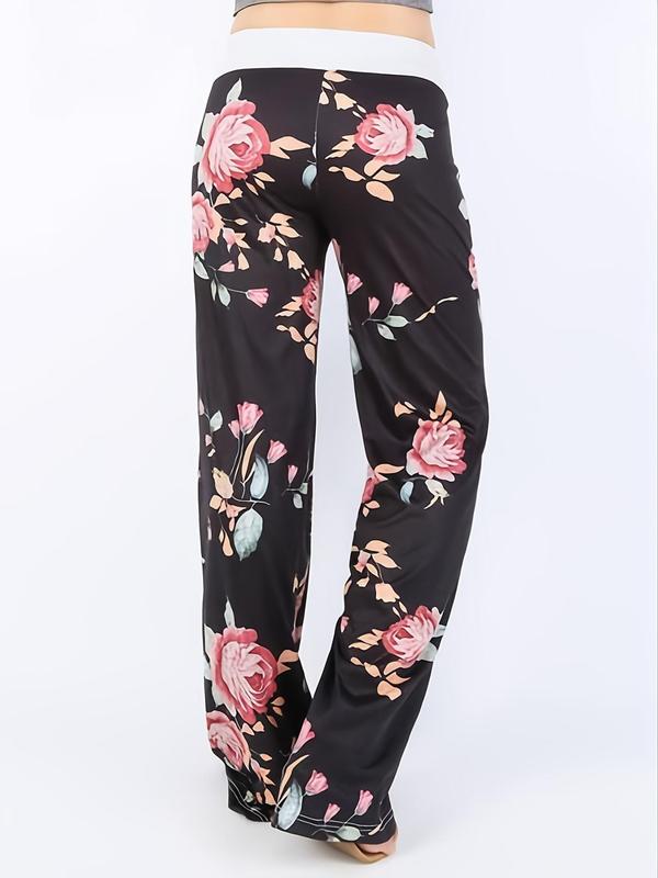 Women's Floral Print Drawstring Waist Wide Leg Pants, Boho Casual Comfy Contrast Binding Trousers for Daily Wear, Women's Bottoms for Spring & Fall