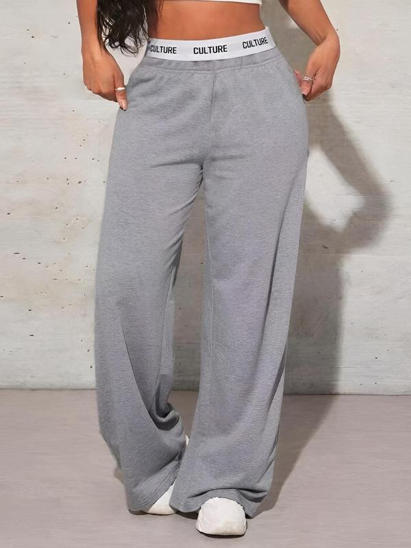 Women's Letter Tape Wide Leg Sweatpants, Casual Street Pocket Trousers for Daily Wear, Ladies Bottoms for All Seasons