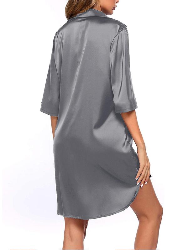 Women's Solid Button Front Split Hem Satin Nightdress, Casual Comfortable Drop Shoulder Nightgown, Ladies Sleepwear for All Seasons