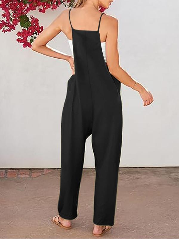 Women's Solid Pocket Cami Jumpsuit, Casual Sleeveless Jumpsuit for Summer, Women's Jumpsuit for Daily Wear