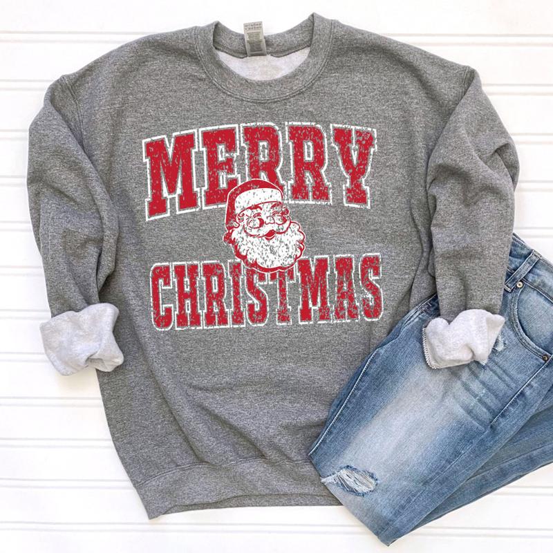 Merry Christmas Santa Sweatshirt Shirt Hoodie, Retro Crewneck, For Xmas, Cotton, Womenswear Tops