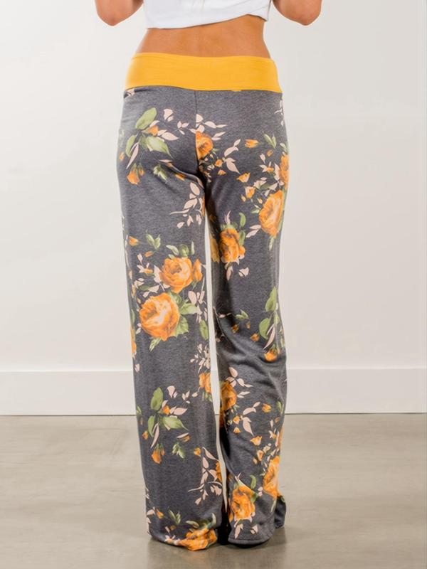 Women's Floral Print Drawstring Waist Wide Leg Pants, Boho Casual Comfy Contrast Binding Trousers for Daily Wear, Women's Bottoms for Spring & Fall