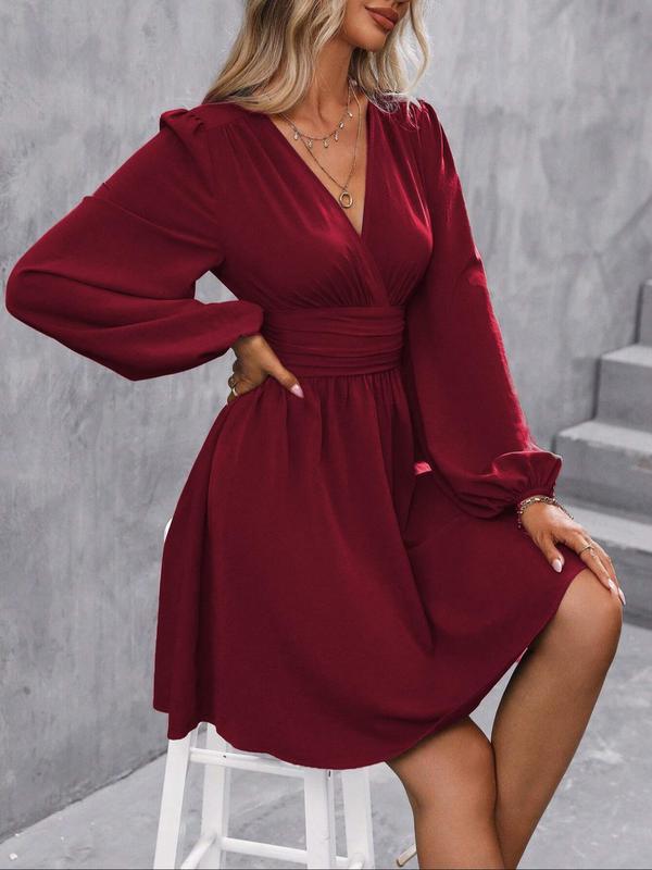 Women's Plain Ruched Wrap V Neck A Line Dress, Elegant Bishop Sleeve Short Dress for Spring & Fall, Women's Clothing for Daily Wear