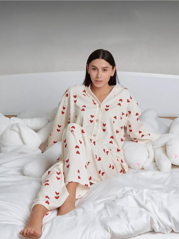 Two-Piece Set Women's Heart Print Waffle Knit Pajama, Casual Comfy Drop Shoulder Long Sleeve Shirt & Elastic Waist Pants PJ Set, Women's Sleepwear for Fall & Winter