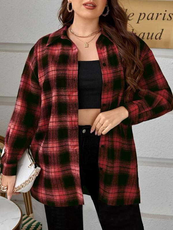 Plus Size Plaid Print Long Sleeve Button Up Shirt, Casual Preppy Button Down Shirts for Spring & Fall Daily Wear, Fall Clothing Women, Women's Button Front Blouse, 2024 New Trendy Classic Tartan College Shirt, Fall Outfits 2024