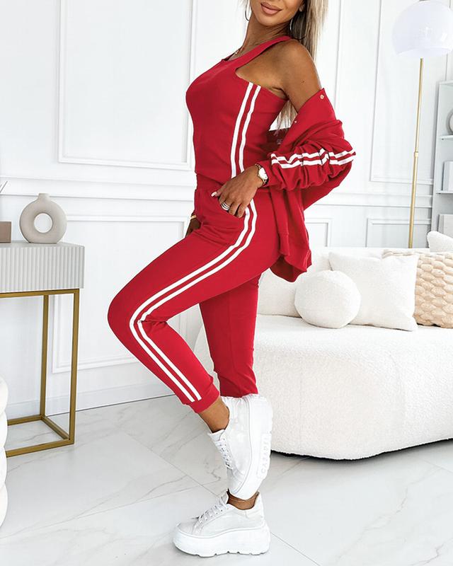 ChicMe Women's 3 Piece Outfits Matching Sets Striped Tape Patch Tank Tops Button Front Jacket Cuffed Pants with Pockets Tracksuit Comfort Womenswear