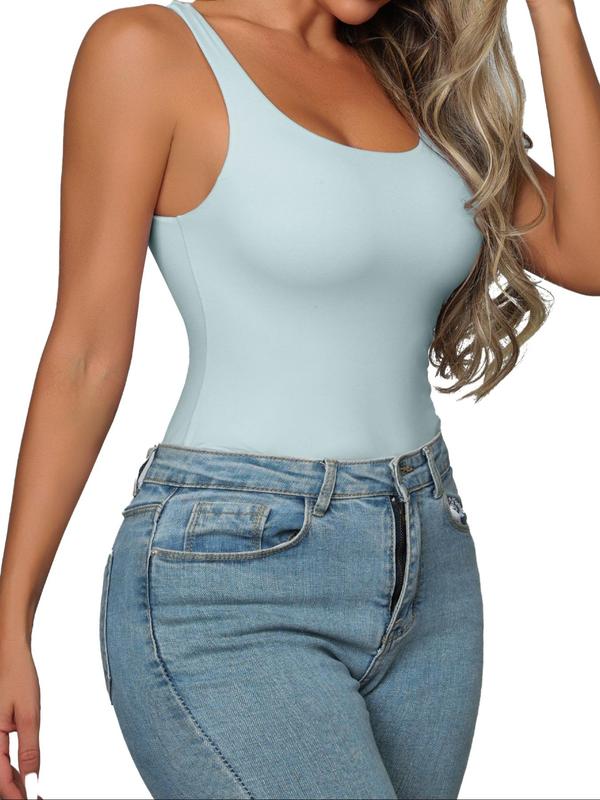 Women's Solid Round Neck Sports Tank Bodysuit, Casual Sleeveless Bodycon Bodysuit for Daily Wear, Ladies Sportswear for All Seasons