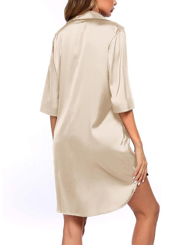 Women's Solid Button Front Split Hem Satin Nightdress, Casual Comfortable Drop Shoulder Nightgown, Ladies Sleepwear for All Seasons