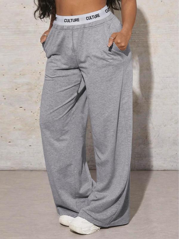 Women's Letter Tape Wide Leg Sweatpants, Casual Street Pocket Trousers for Daily Wear, Ladies Bottoms for All Seasons