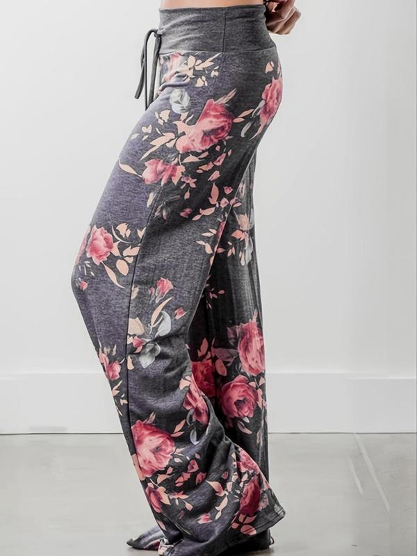 Women's Floral Print Drawstring Waist Wide Leg Pants, Boho Casual Comfy Contrast Binding Trousers for Daily Wear, Women's Bottoms for Spring & Fall