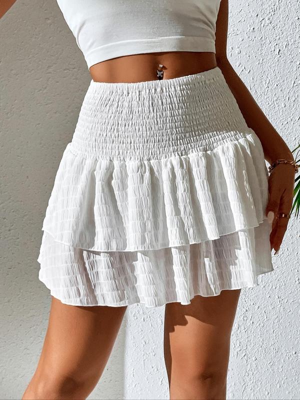 Women's Textured Shirred Tiered Layer Skirt, Fashion Casual Solid A Line Short Skirt for Daily Outdoor Wear, Ladies Bottoms for All Seasons