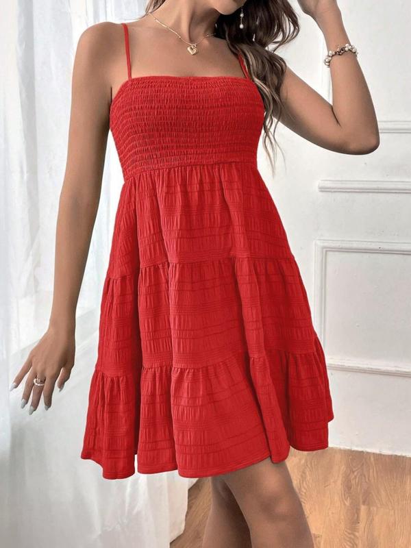 Women's Plain Textured Ruffle Hem Shirred Cami Dress, Casual Sleeveless Spaghetti Strap Short Dress for Summer, Dress in Club, Dresses for Women, Ladies Dress for Beach Holiday