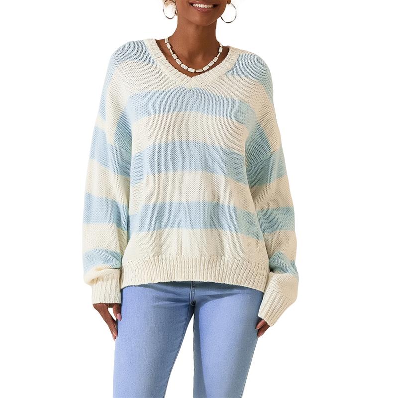 Women's Fall Striped Sweater Drop Shoulder Long Sleeve V-Neck Loose Knitted Tops